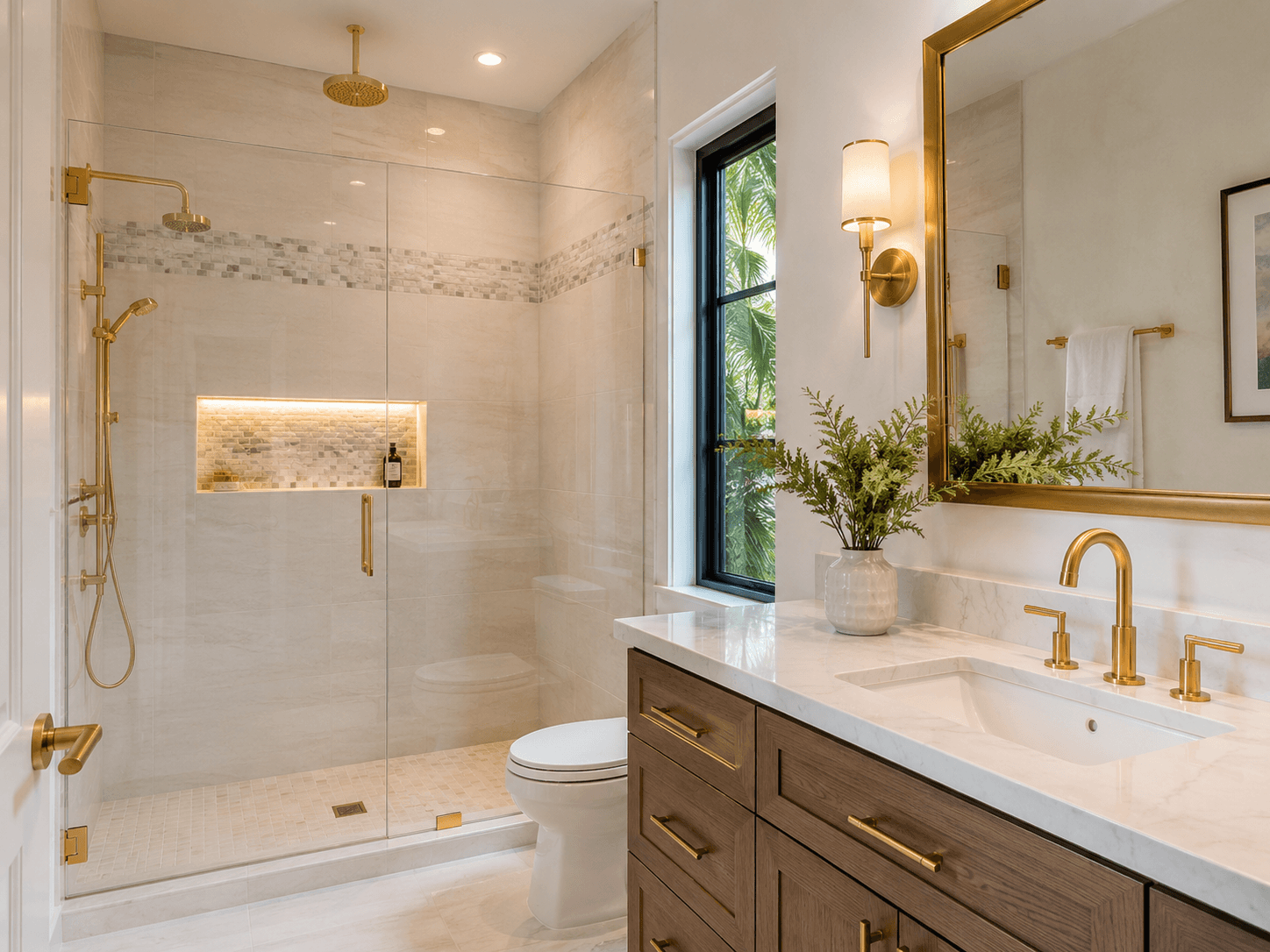 Modern bathroom renovation with gold fixtures and natural stone by Benito Fine Carpentry Palm Beach County