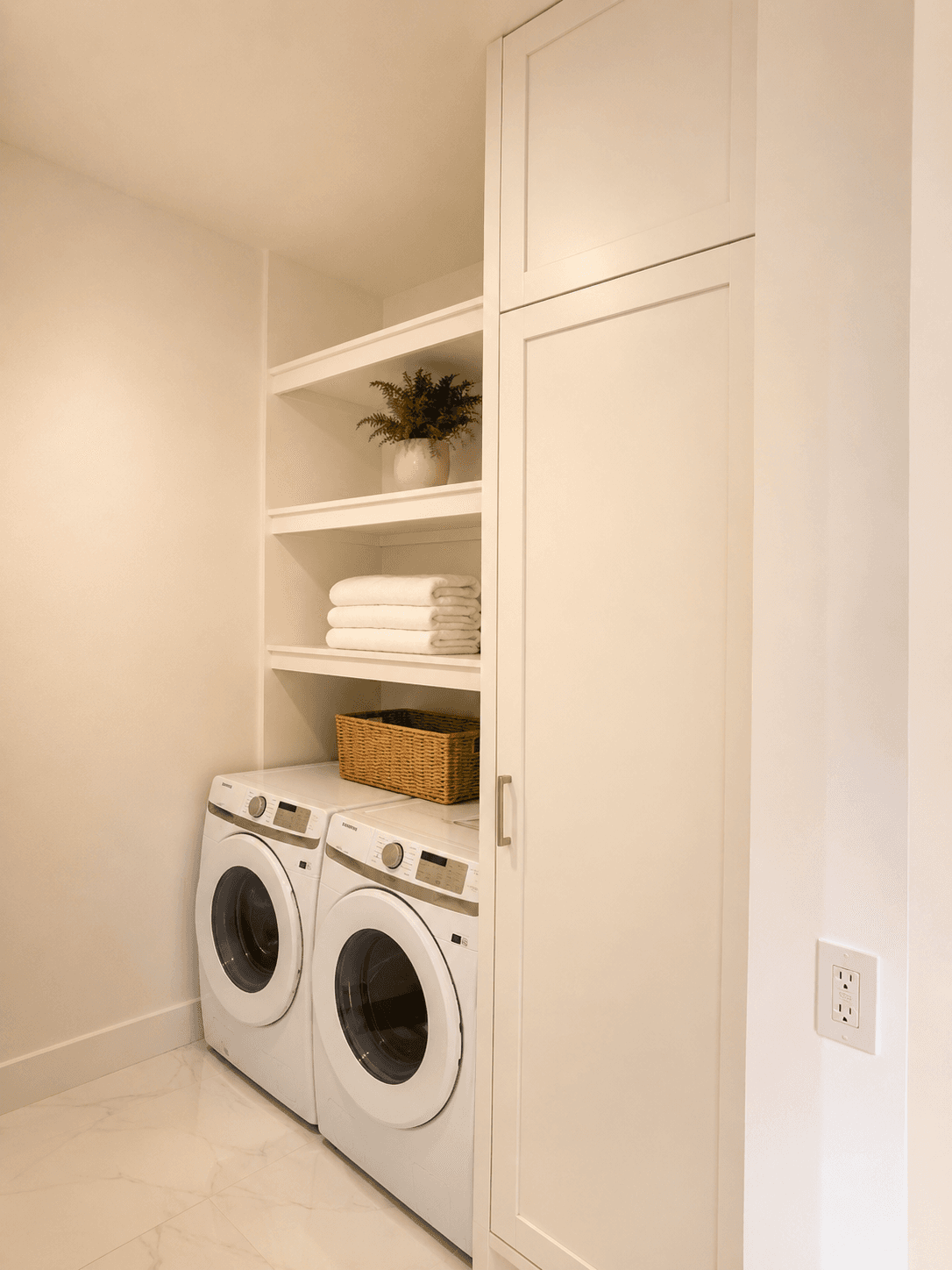 Custom white built-in laundry room cabinetry and shelving by Benito Fine Carpentry Wellington FL