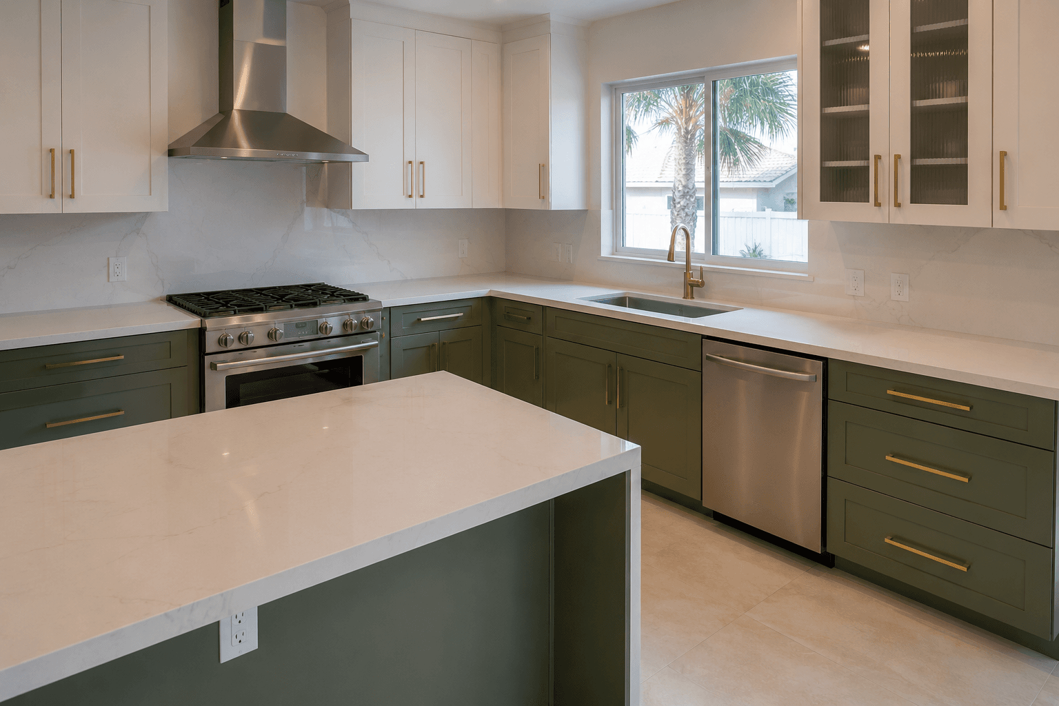 Two-tone kitchen remodel olive green lower cabinets white uppers brass hardware by Benito Fine Carpentry Palm Beach County