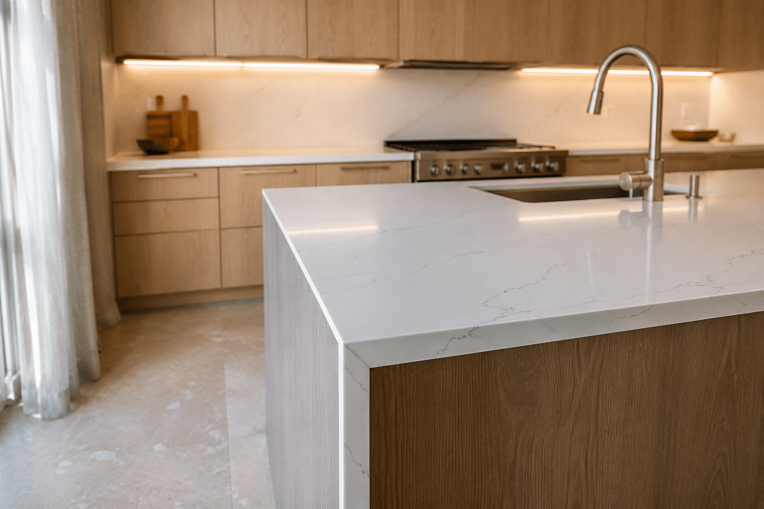 Natural oak flat panel cabinets quartz waterfall island detail kitchen remodel by Benito Fine Carpentry Wellington FL
