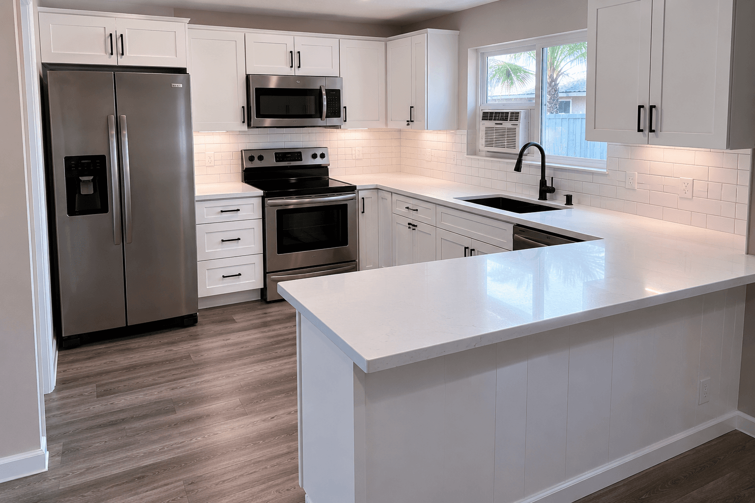 White shaker kitchen remodel stainless appliances subway tile backsplash Florida ranch home by Benito Fine Carpentry