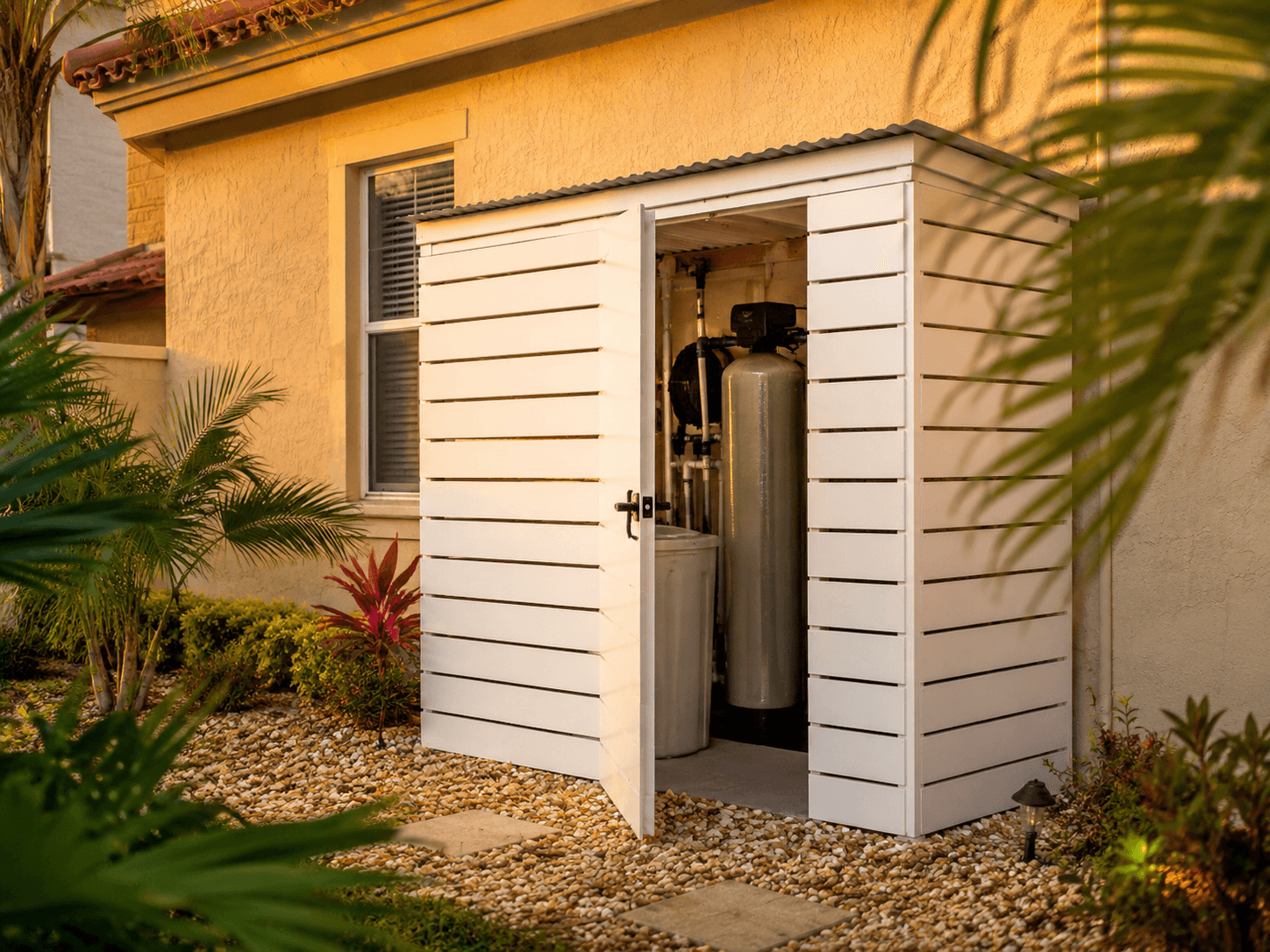 White wood enclosure door open showing water softener and filtration system fitted inside custom cover by Benito Fine Carpentry